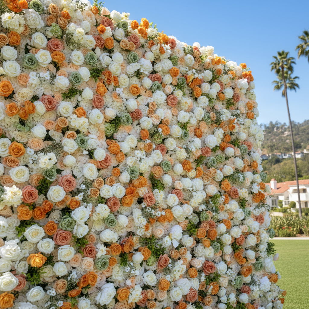 Orange, Green and White Ivory Rose Premium Flower Wall - 194