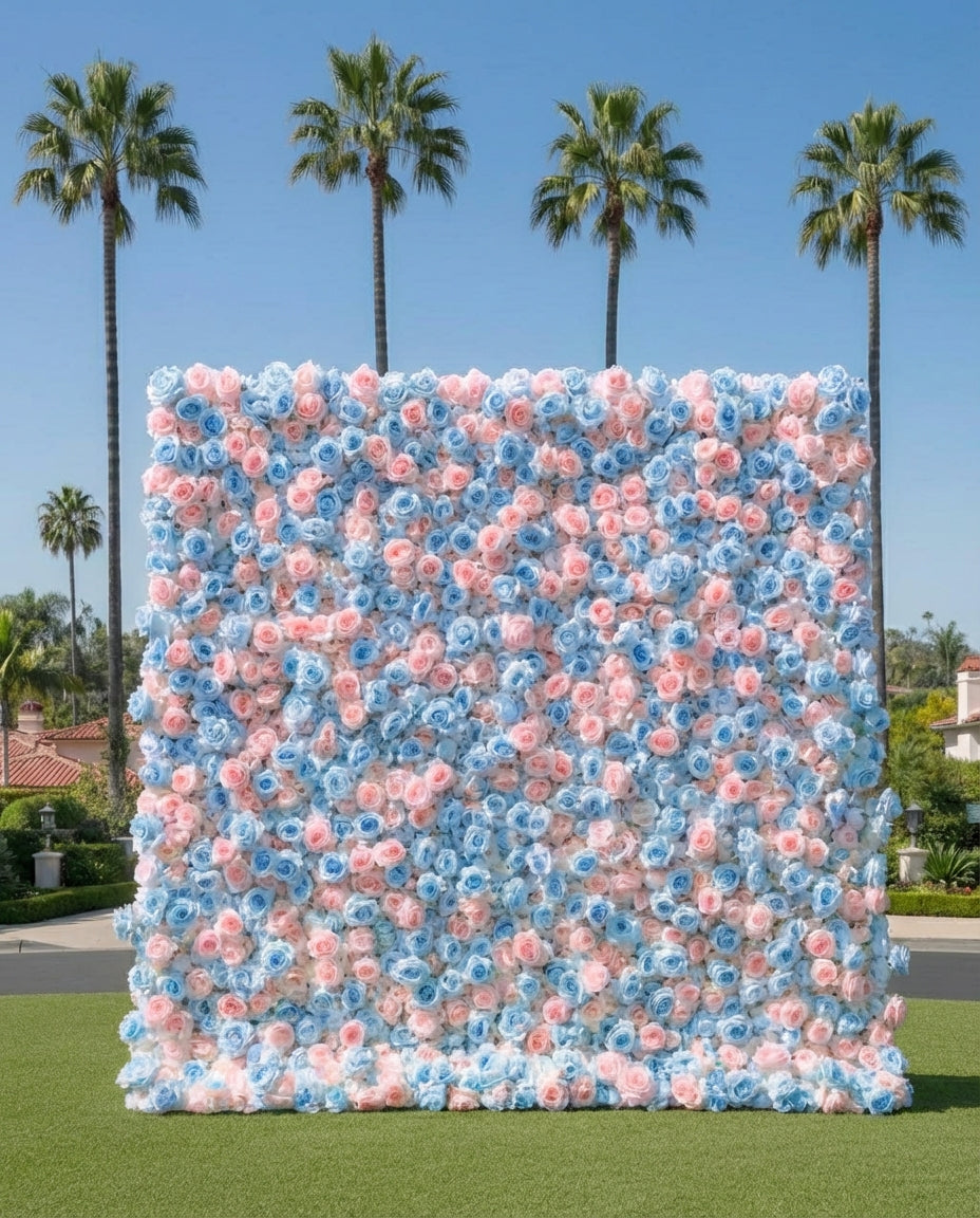 Baby Blue and Light Pink Wild Rose Premium Flower Wall Backdrop - 375