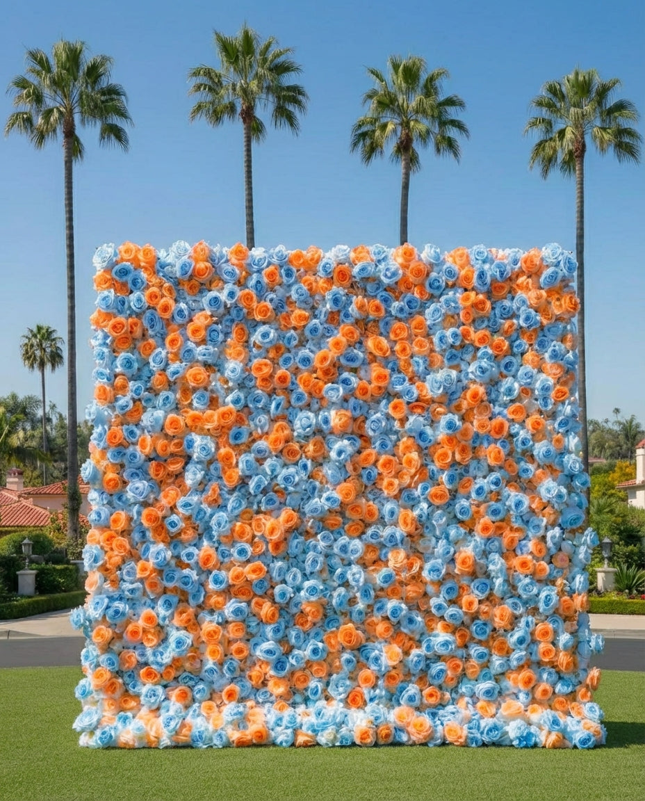 Baby Blue and Orange Wild Rose Premium Flower Wall - 371
