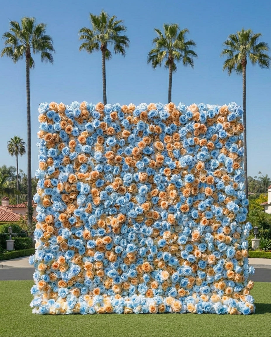 Baby Blue and Tan Wild Rose Premium Flower Wall Backdrop - 373