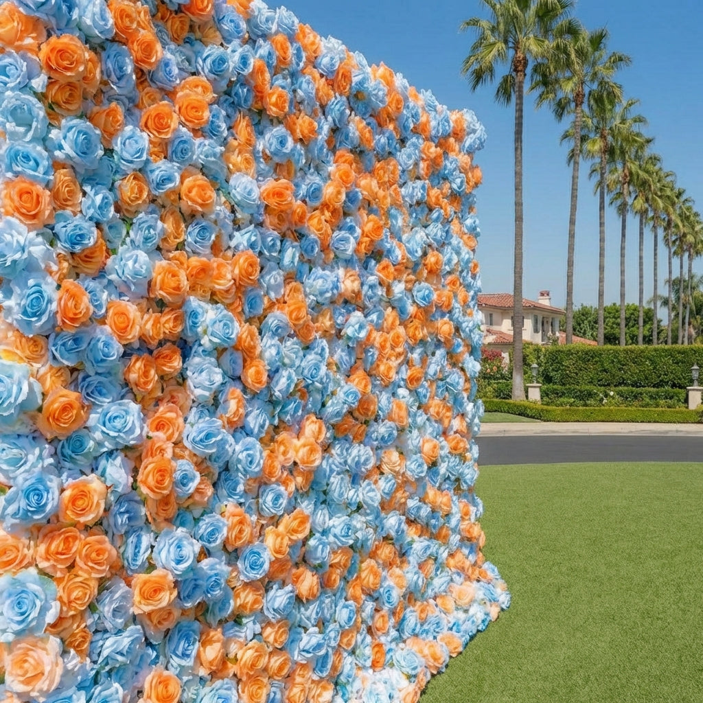 Baby Blue and Orange Wild Rose Premium Flower Wall - 371