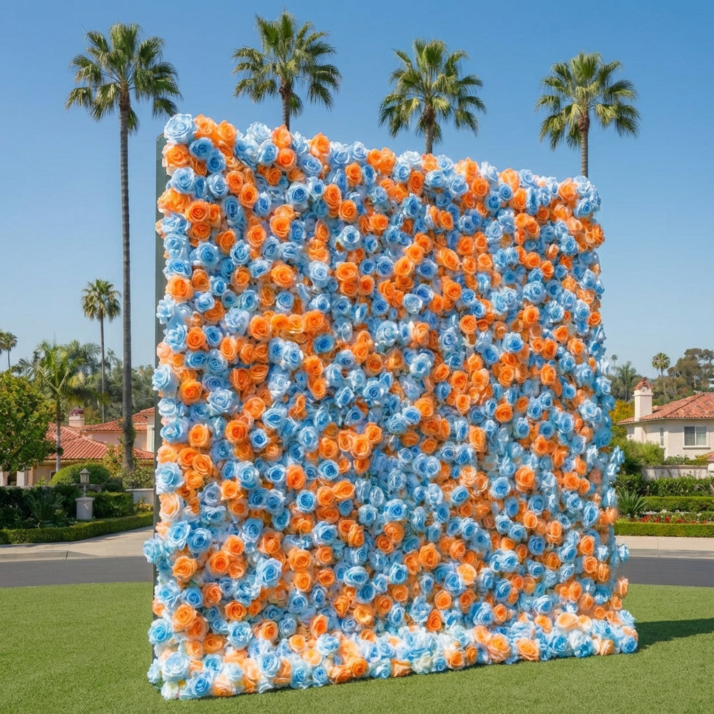 Baby Blue and Orange Wild Rose Premium Flower Wall - 371