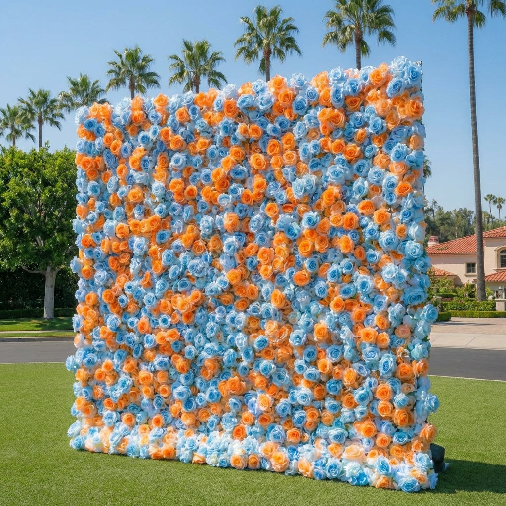 Baby Blue and Orange Wild Rose Premium Flower Wall - 371