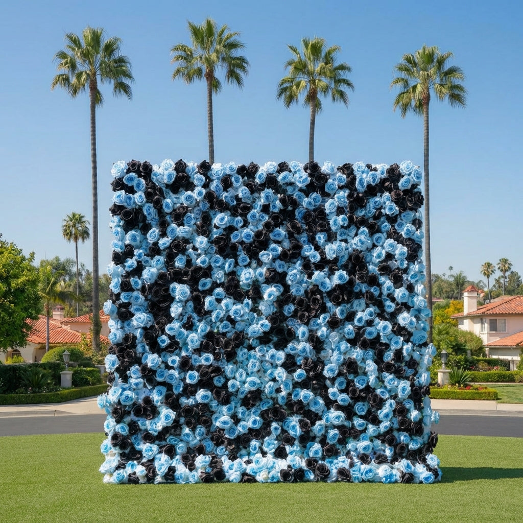 Baby Blue and Black Wild Rose Premium Flower Wall Backdrop - 377