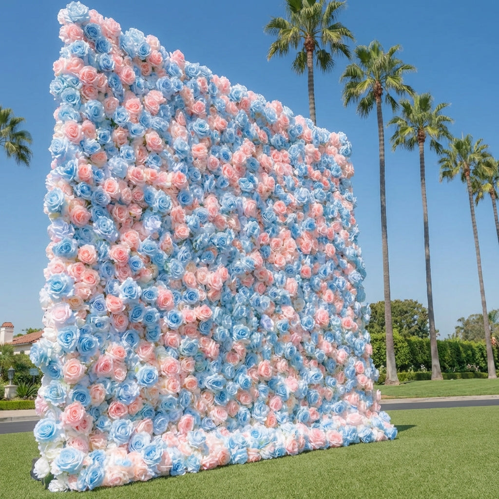 Baby Blue and Light Pink Wild Rose Premium Flower Wall Backdrop - 375