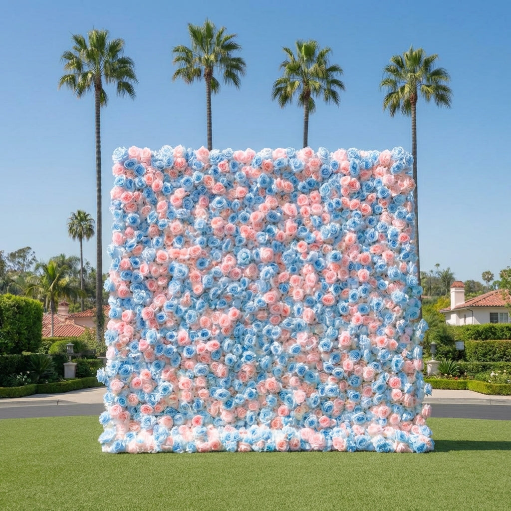 Baby Blue and Light Pink Wild Rose Premium Flower Wall Backdrop - 375