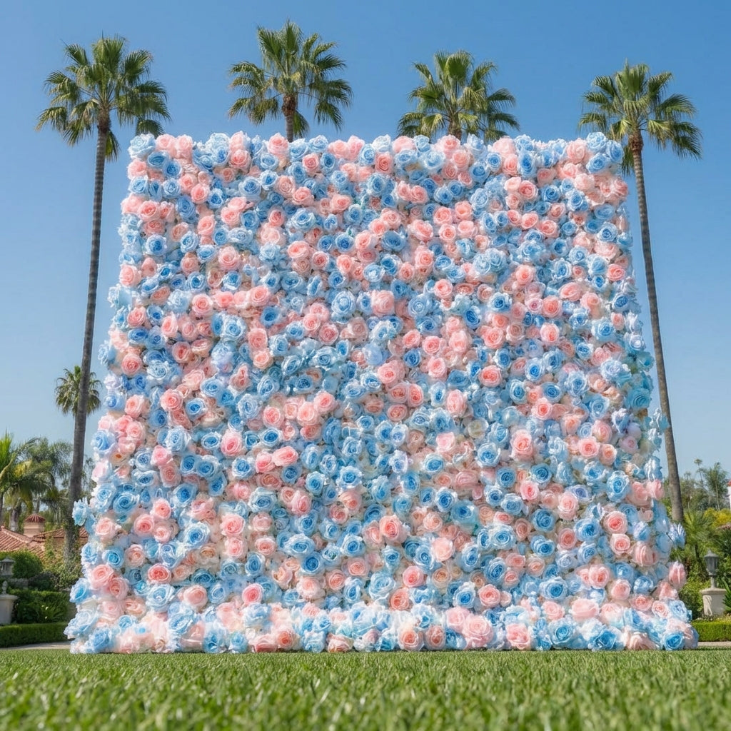 Baby Blue and Light Pink Wild Rose Premium Flower Wall Backdrop - 375