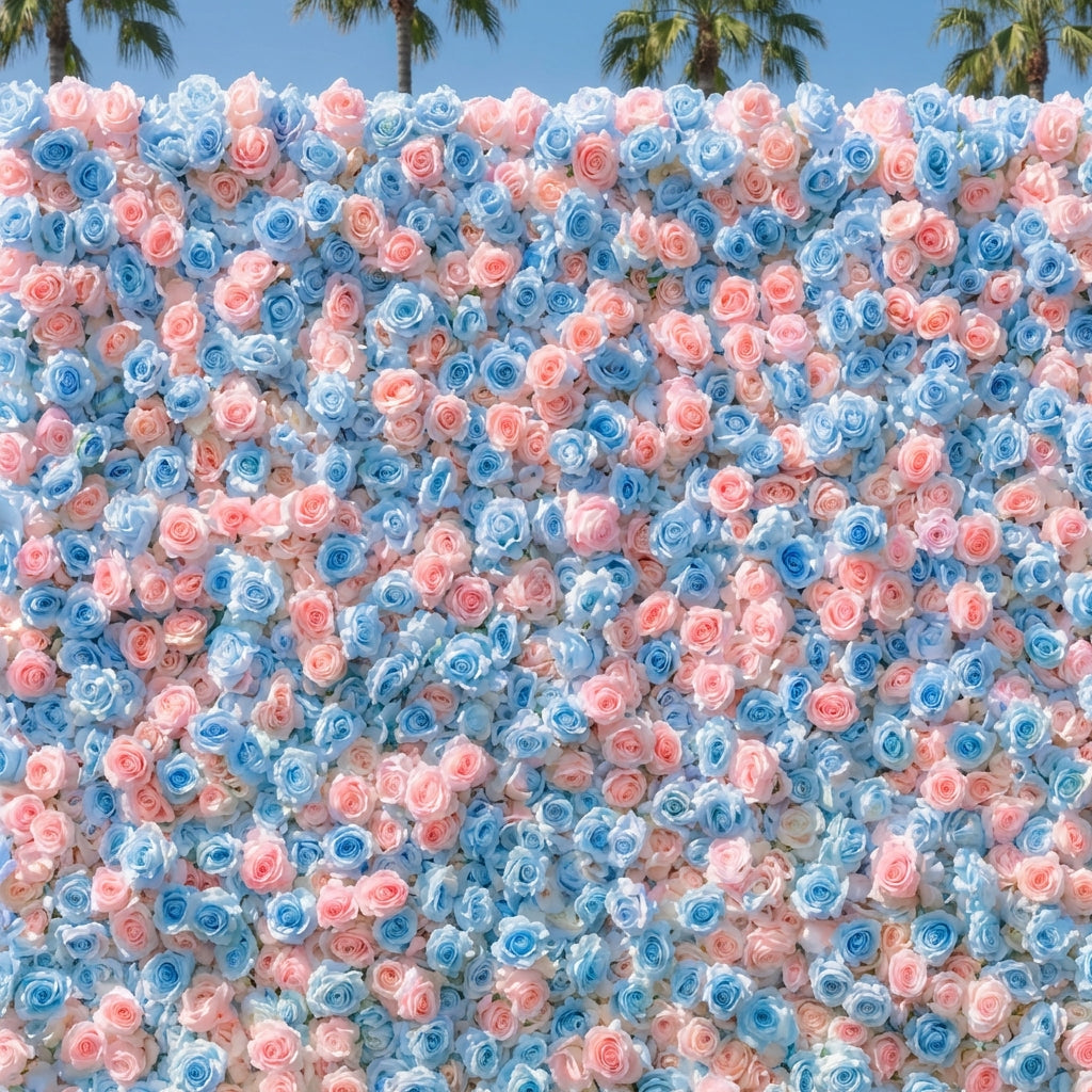 Baby Blue and Light Pink Wild Rose Premium Flower Wall Backdrop - 375