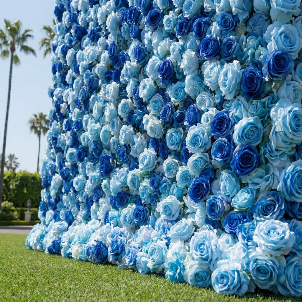 Baby Blue and Dark Blue Wild Rose Premium Flower Wall Backdrop - 376