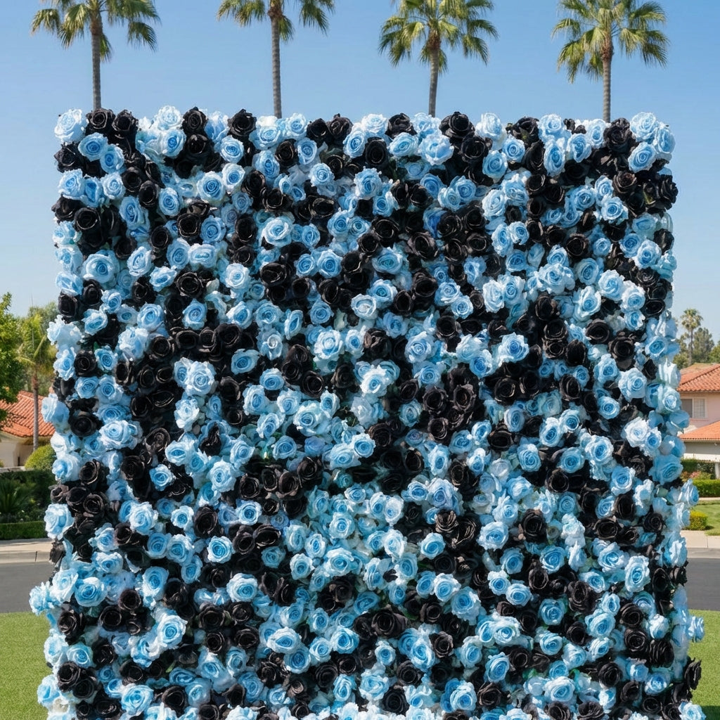 Baby Blue and Black Wild Rose Premium Flower Wall Backdrop - 377