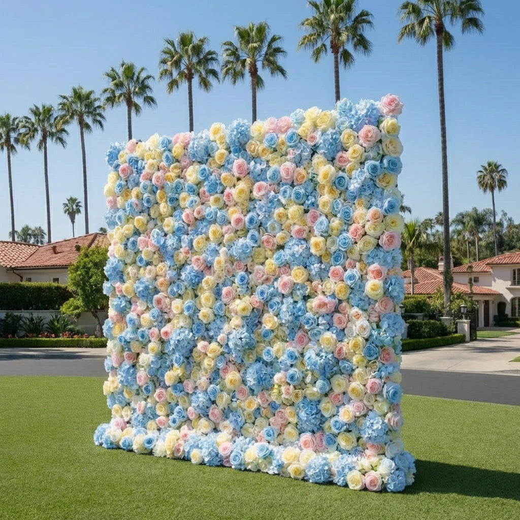 Baby Blue, Yellow and Pink Premium WIld Rose Flower Wall Backdrop - 378