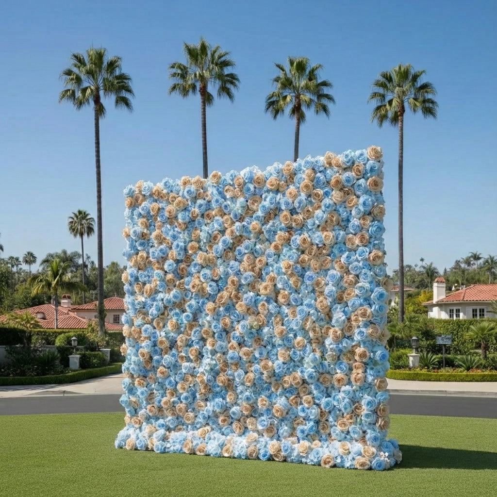Baby Blue and Tan Wild Rose Premium Flower Wall Backdrop - 373