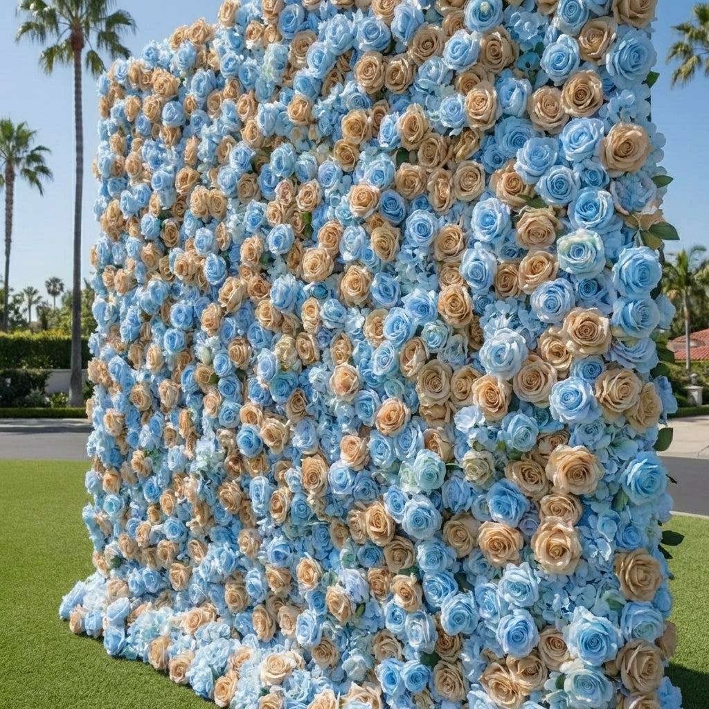 Baby Blue and Tan Wild Rose Premium Flower Wall Backdrop - 373