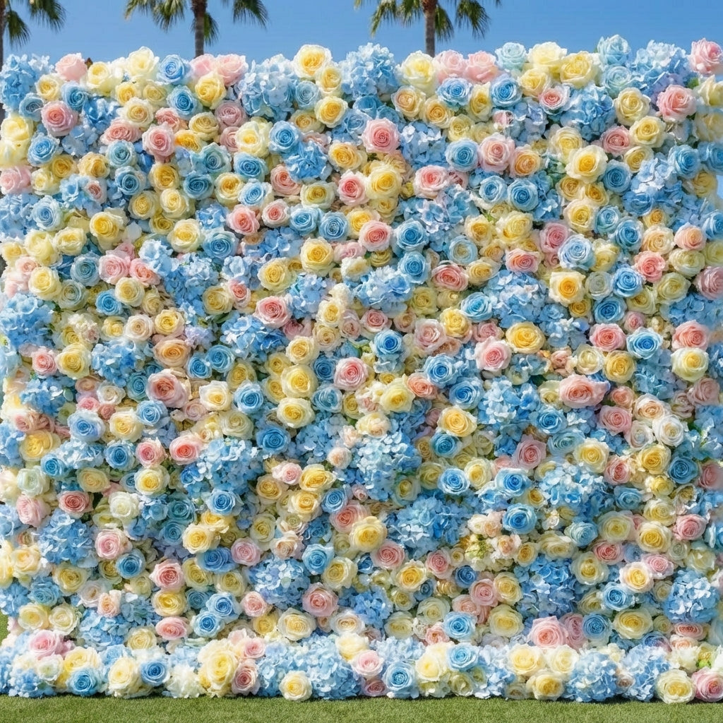 Baby Blue, Yellow and Pink Premium WIld Rose Flower Wall Backdrop - 378